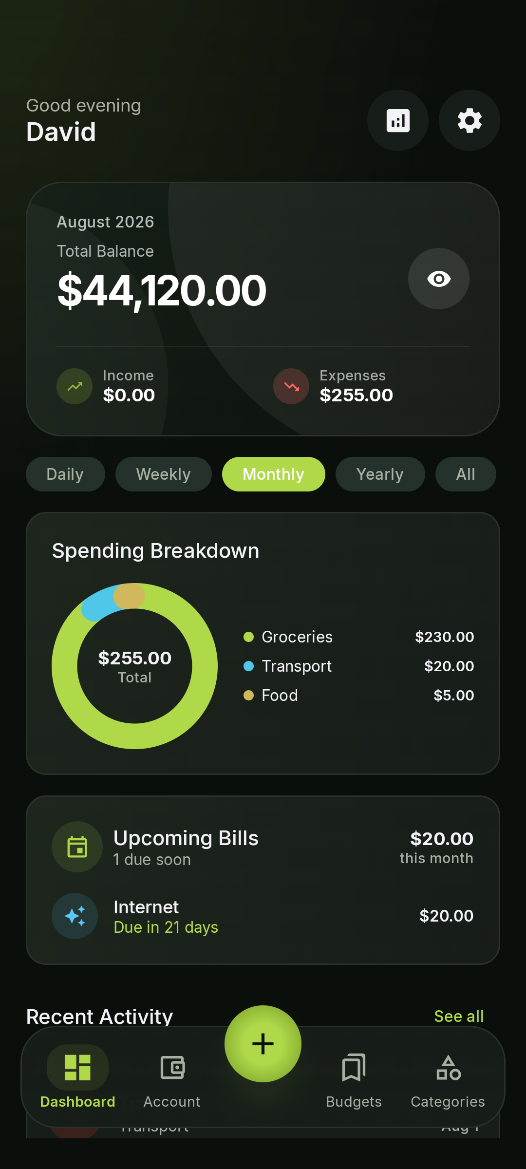 VeloSpend dashboard showing David's total balance, spending breakdown, upcoming bills, and recent activity.