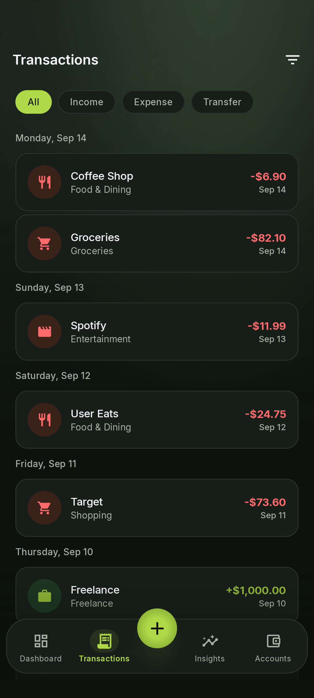 Transactions including Coffee Shop, Groceries, Spotify, User Eats, Target, and Freelance.